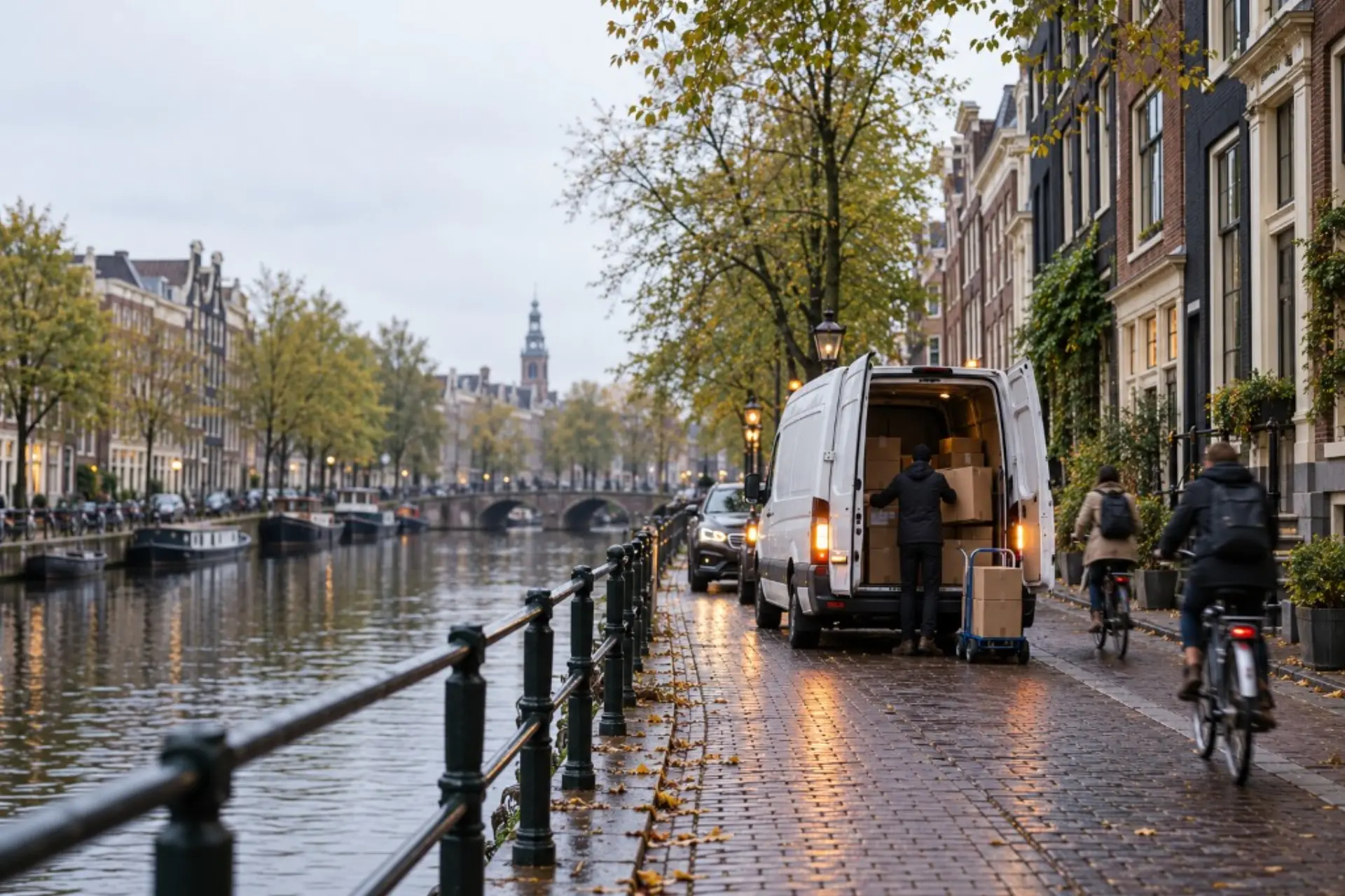 Bezorger lost pakketten bij een bestelbus langs een Amsterdamse gracht
